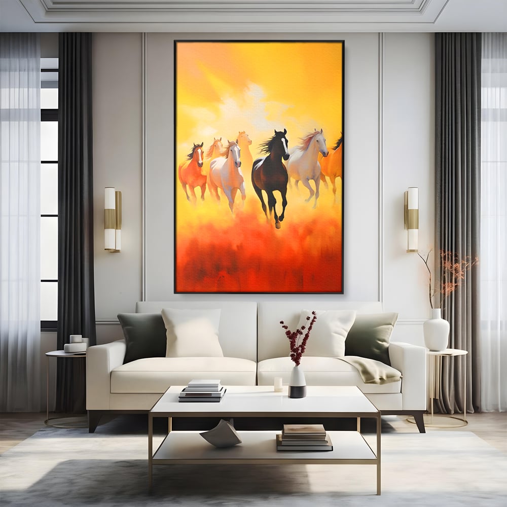 Tablou canvas cu pictura cu cai in galop, in rama de aluminiu negru, pe perete intr-un living